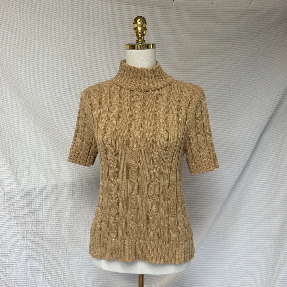 Liz Claiborne Sweater Women Gold S Petite Pullover Turtleneck Short Sleeve